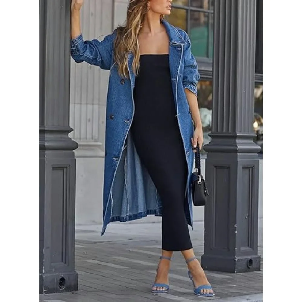 Vintage Notched Collar Denim Jacket Trench Coat Plus Size Loose Fit